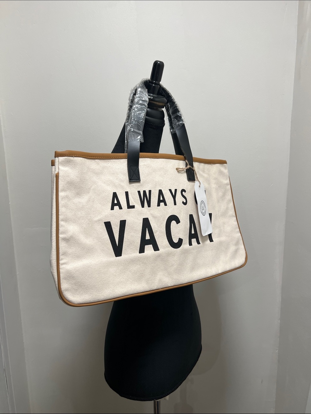 Santa Barbara Design Always Vacay Canvas Tote Bag in Cream with Black Handles
